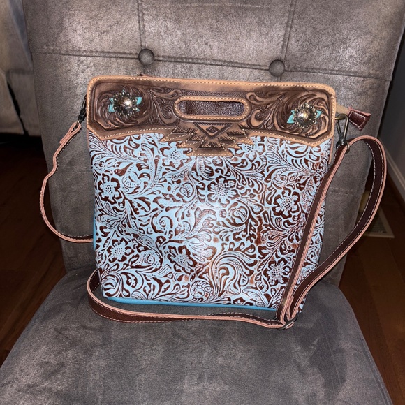 Myra Bag Brown Turquoise Hand Tooled Crossbody Shoulder Handbag - Picture 1 of 7